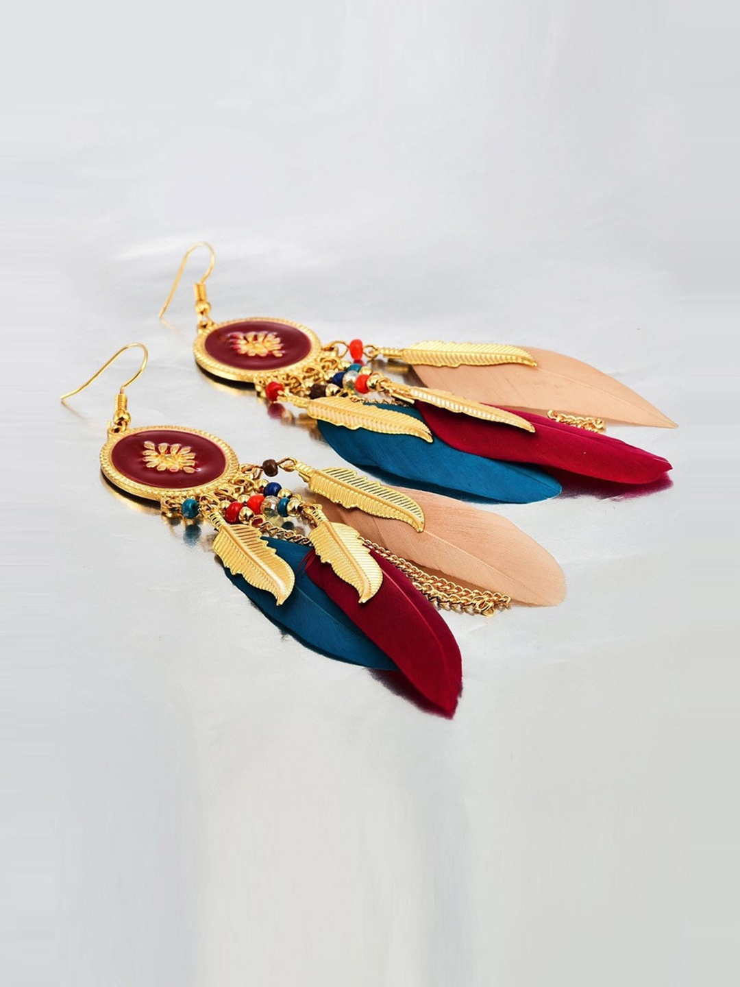 

Crunchy Fashion Women Multicoloured & Gold-Toned Feather Shaped Drop Earrings, Multi