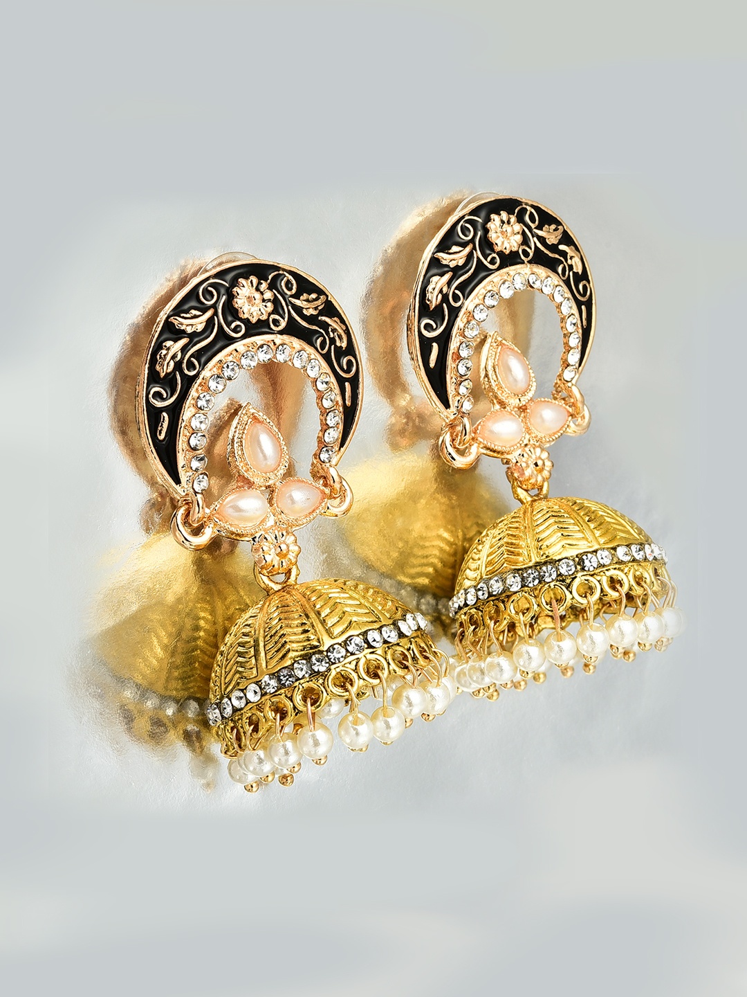 

Crunchy Fashion Black & Gold-Toned Dome Shaped Jhumka Earrings