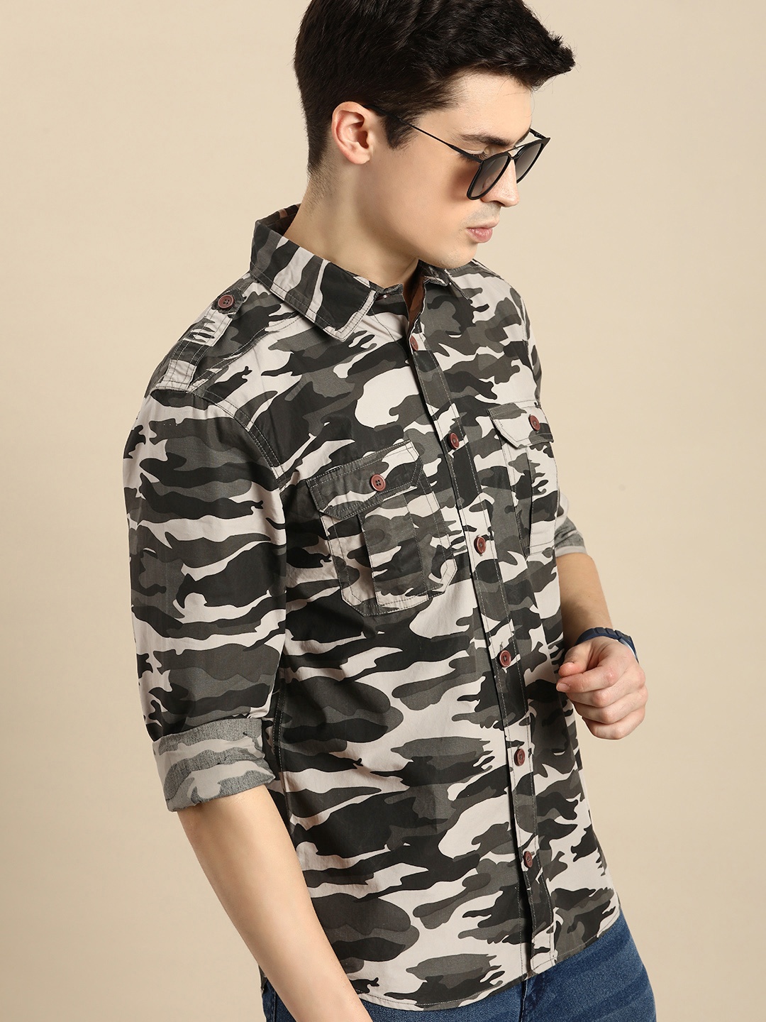 

Celio Pure Cotton Slim Fit Camouflage Printed Casual Shirt, Grey