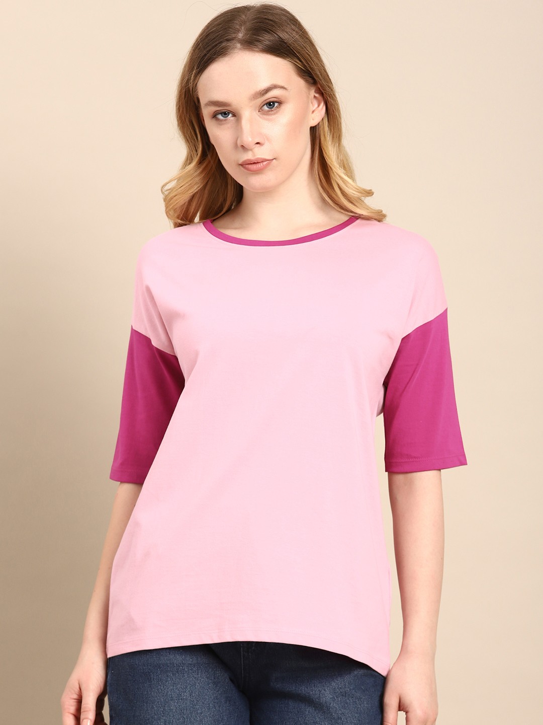 

ether Women Pink Colourblock Round Neck Boxy Pure Cotton T-shirt