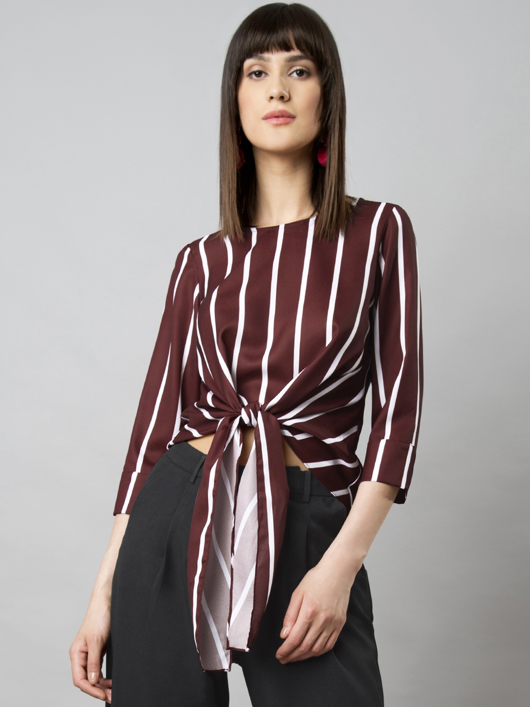 

FabAlley Women Maroon & White Striped Regular Top