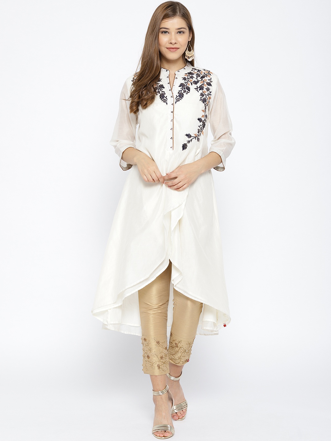 

Biba Women Off-White Embroidered Detail Layered A-Line Kurta