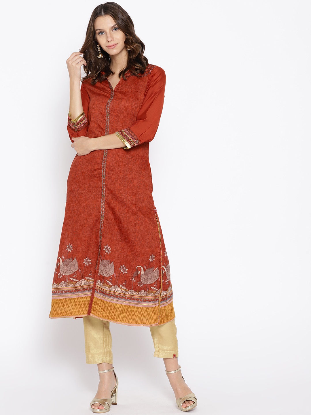 

Biba Women Rust Orange & Brown Printed A-Line Kurta