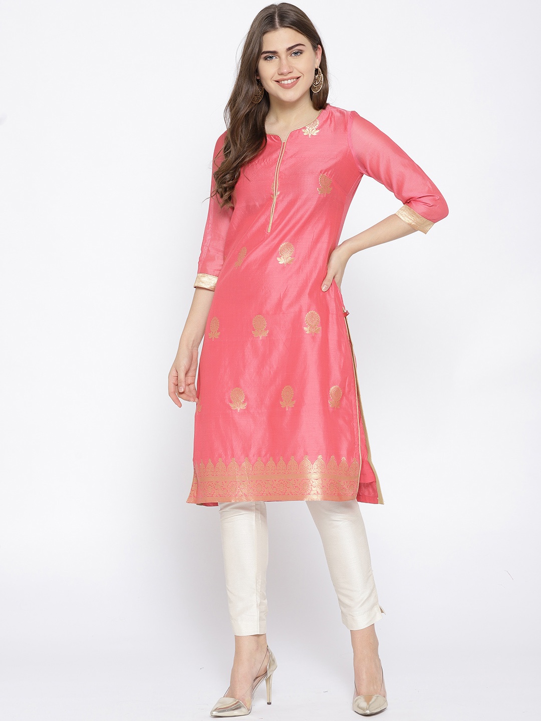 

Biba Women Coral Pink & Golden Woven Design Straight Kurta