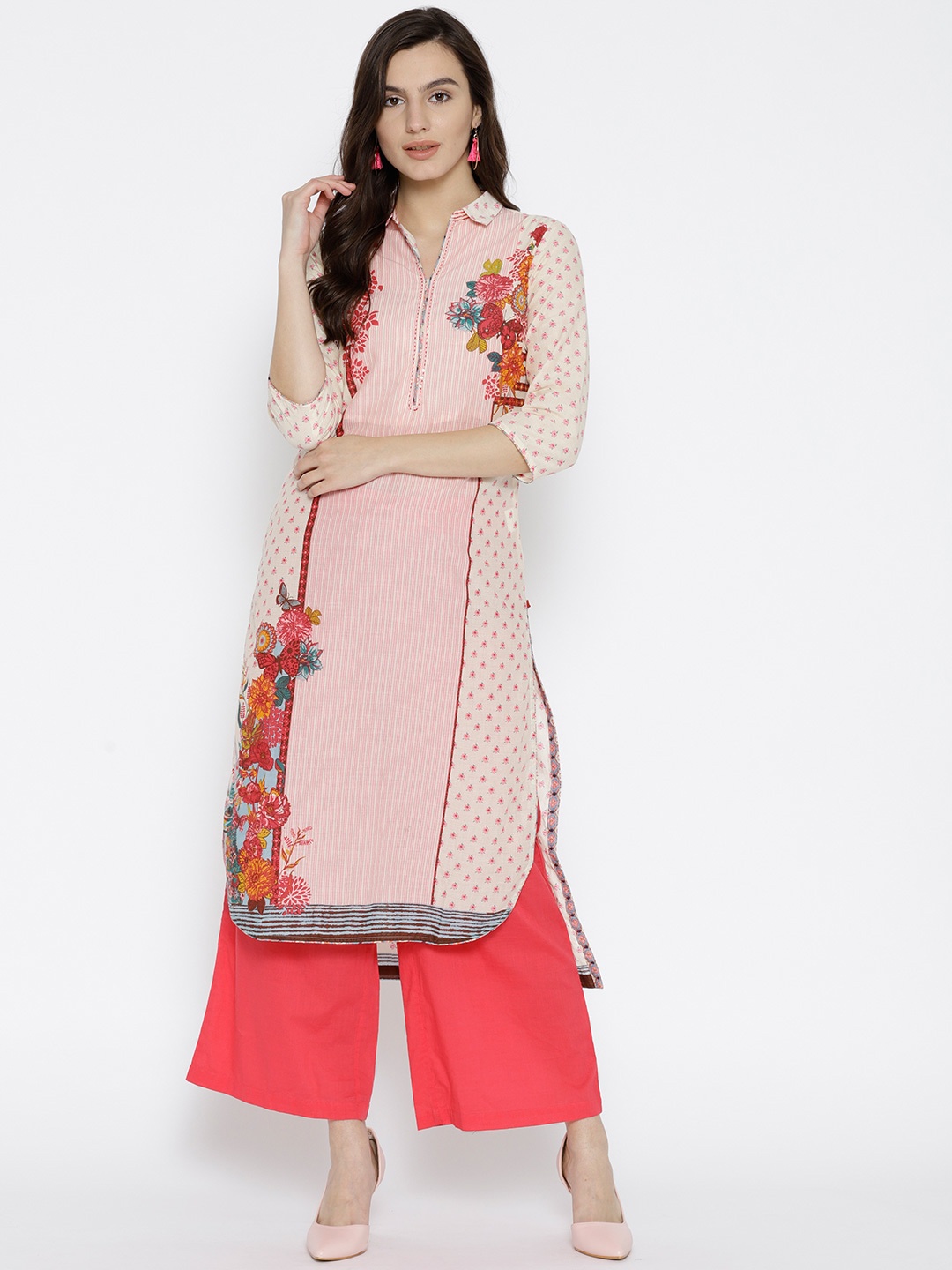 

Biba Women Cream-Coloured & Coral Pink Printed Straight Kurta