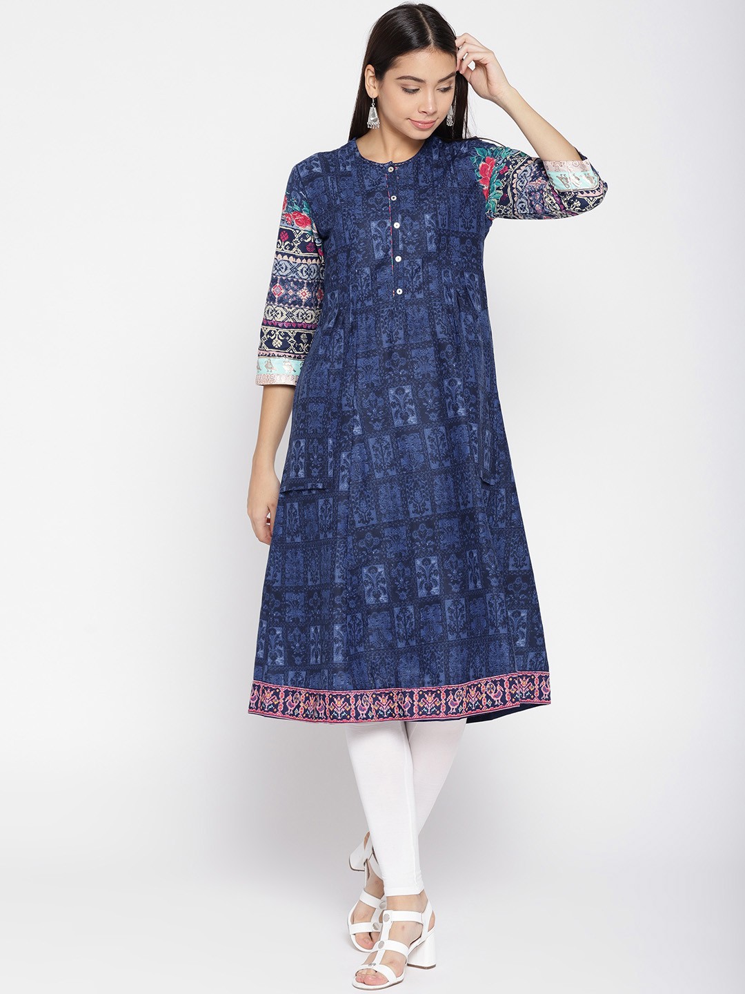 

Biba Women Navy Blue Printed A-Line Kurta