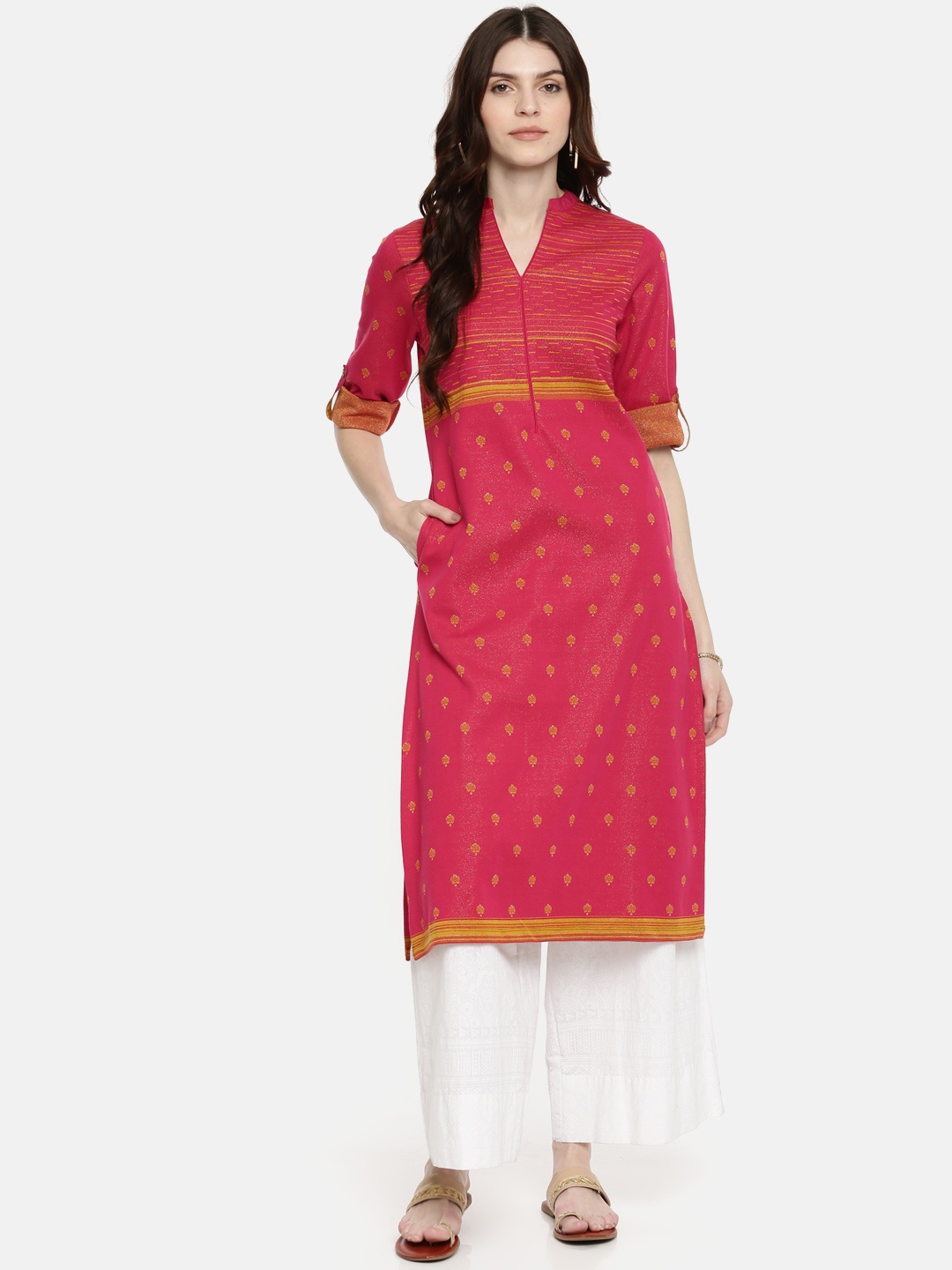 

Biba Women Pink Woven Design Straight Kurta