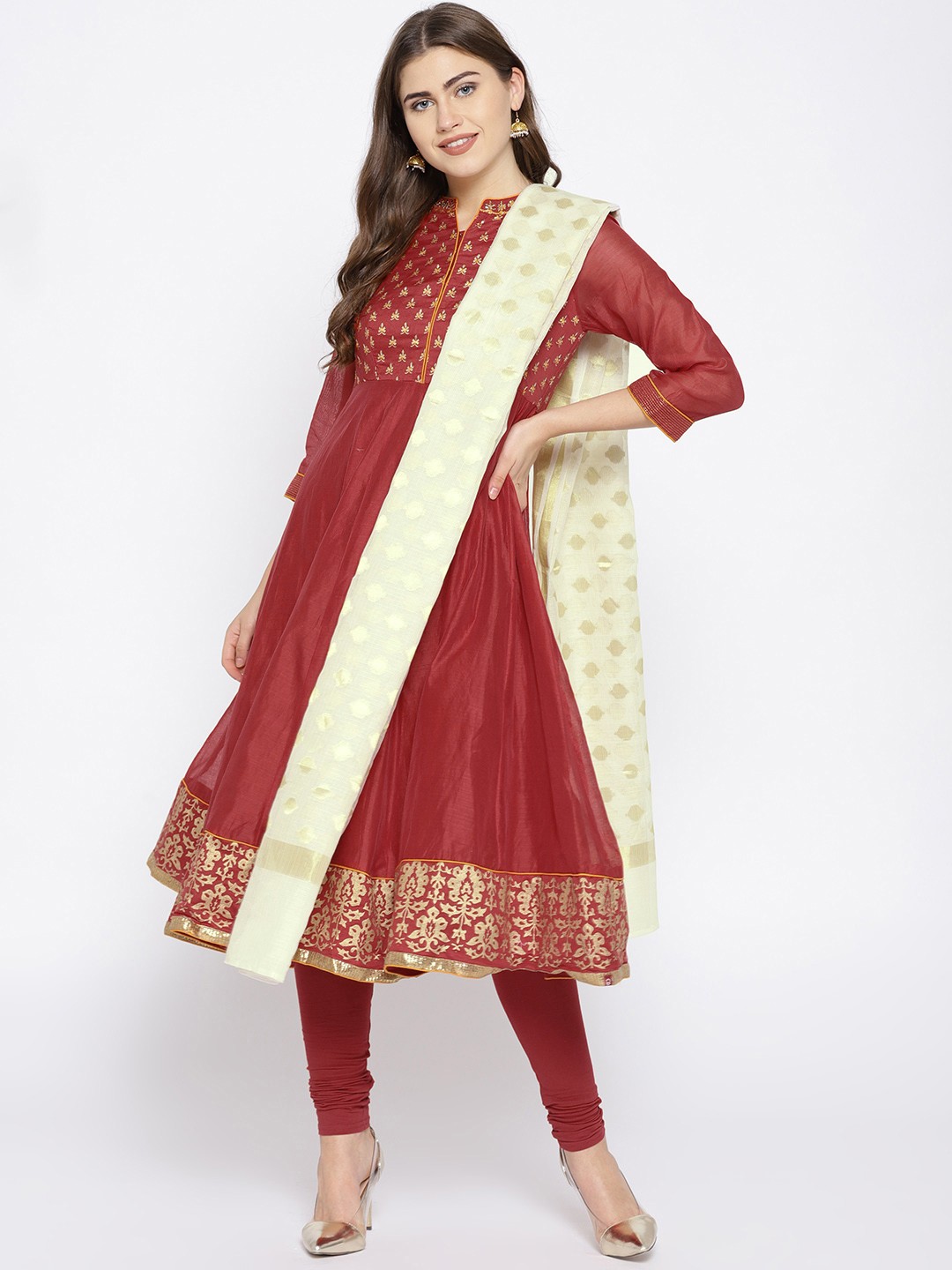 

Biba Women Red & Golden Yoke Design Kurta with Churidar & Dupatta