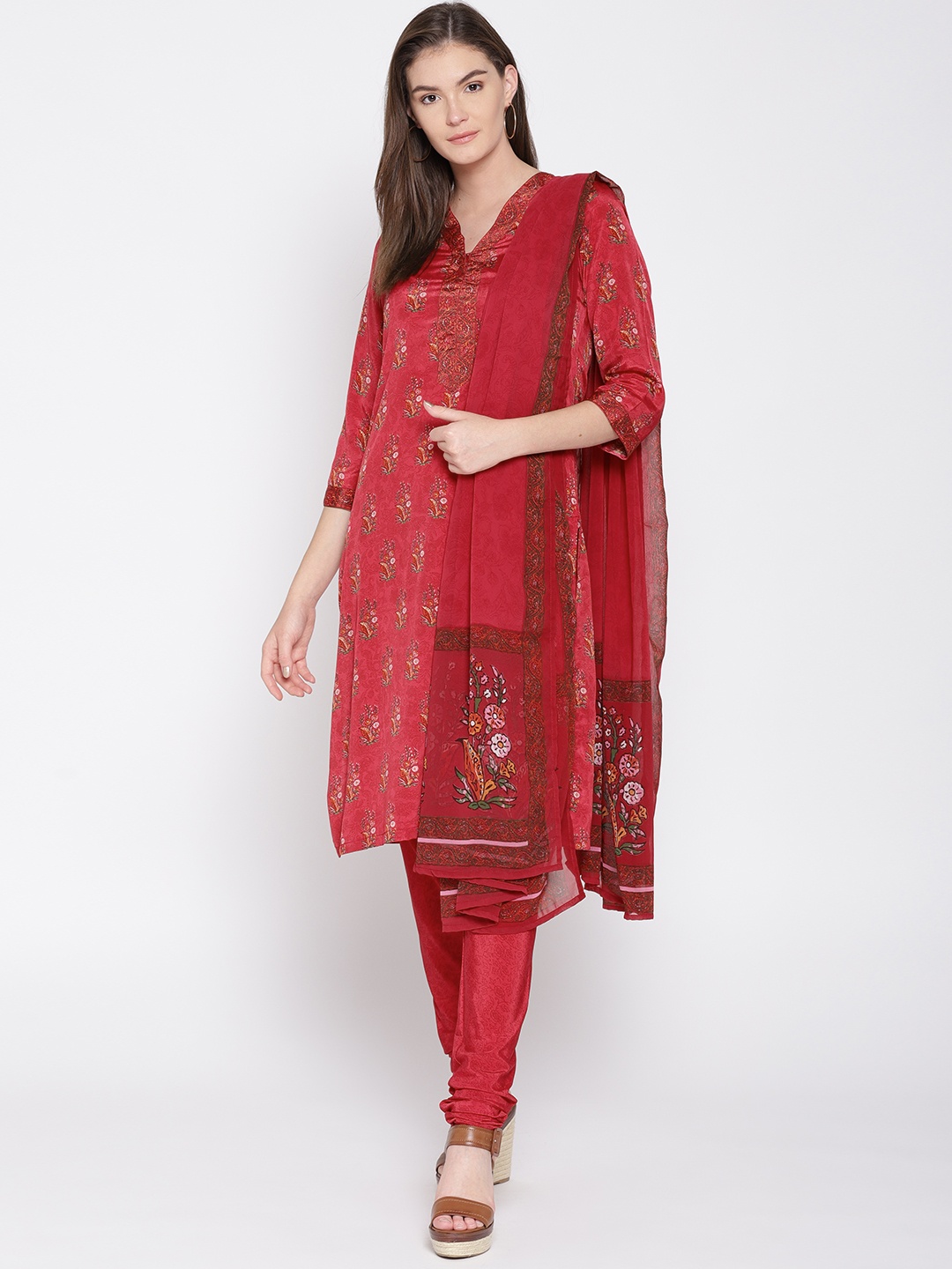 

Biba Women Red Printed Kurta with Churidar & Dupatta