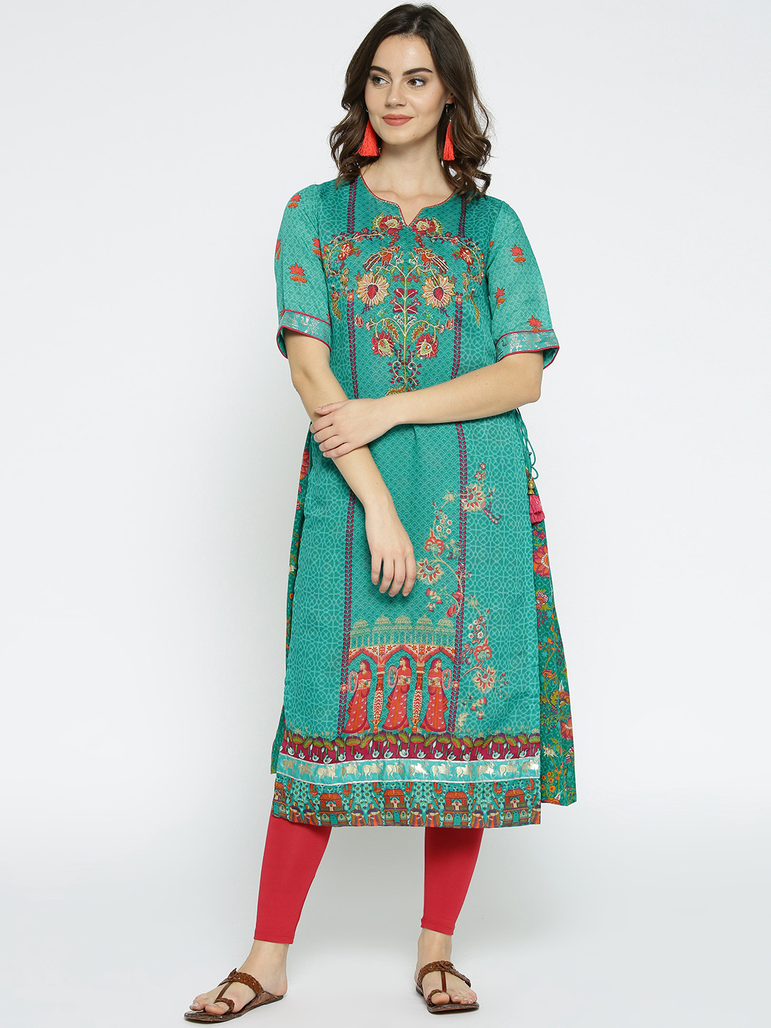

Biba Women Teal Woven Design A-Line Kurta