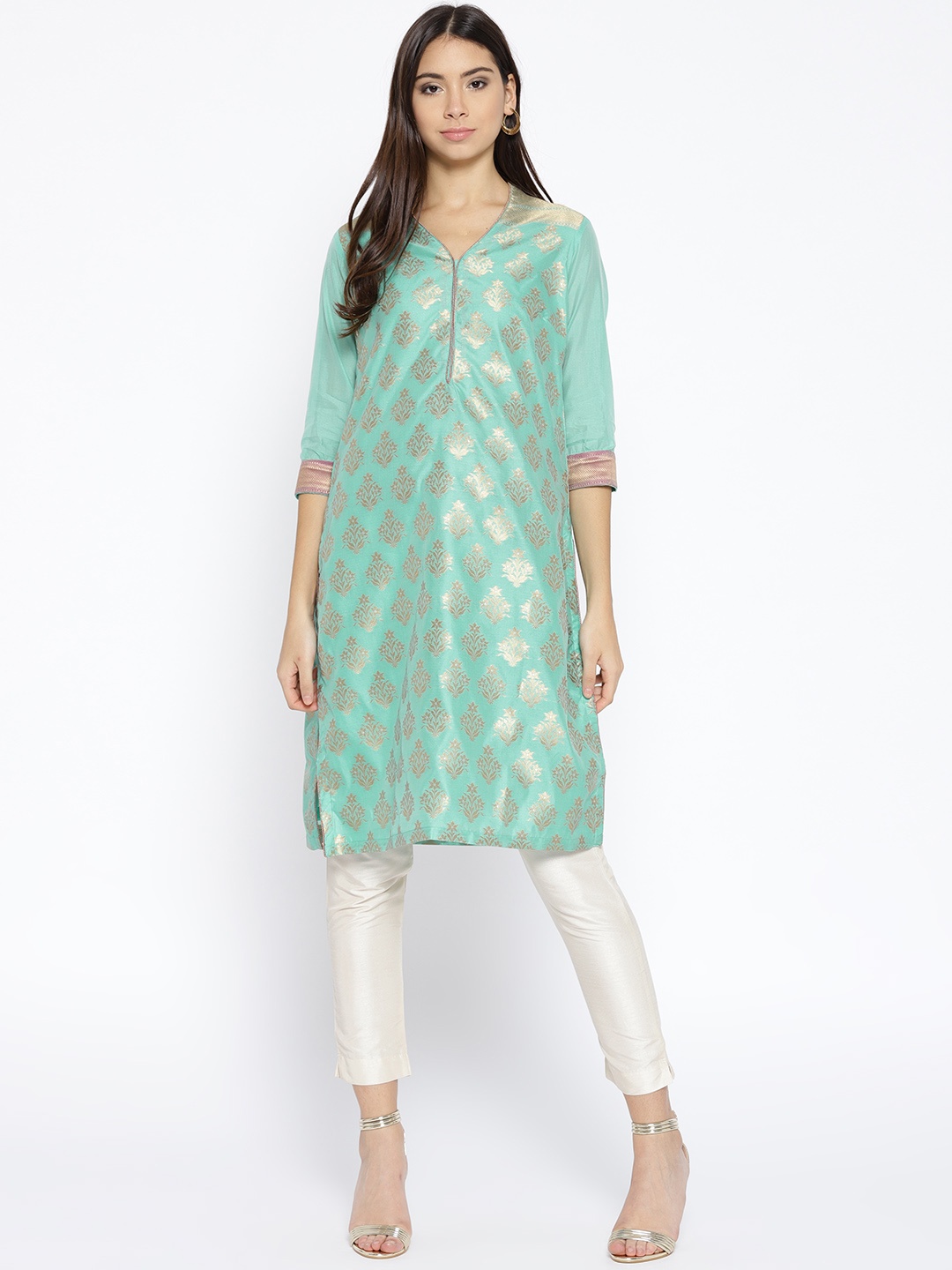 

Biba Women Sea Green & Golden Woven Design Straight Kurta