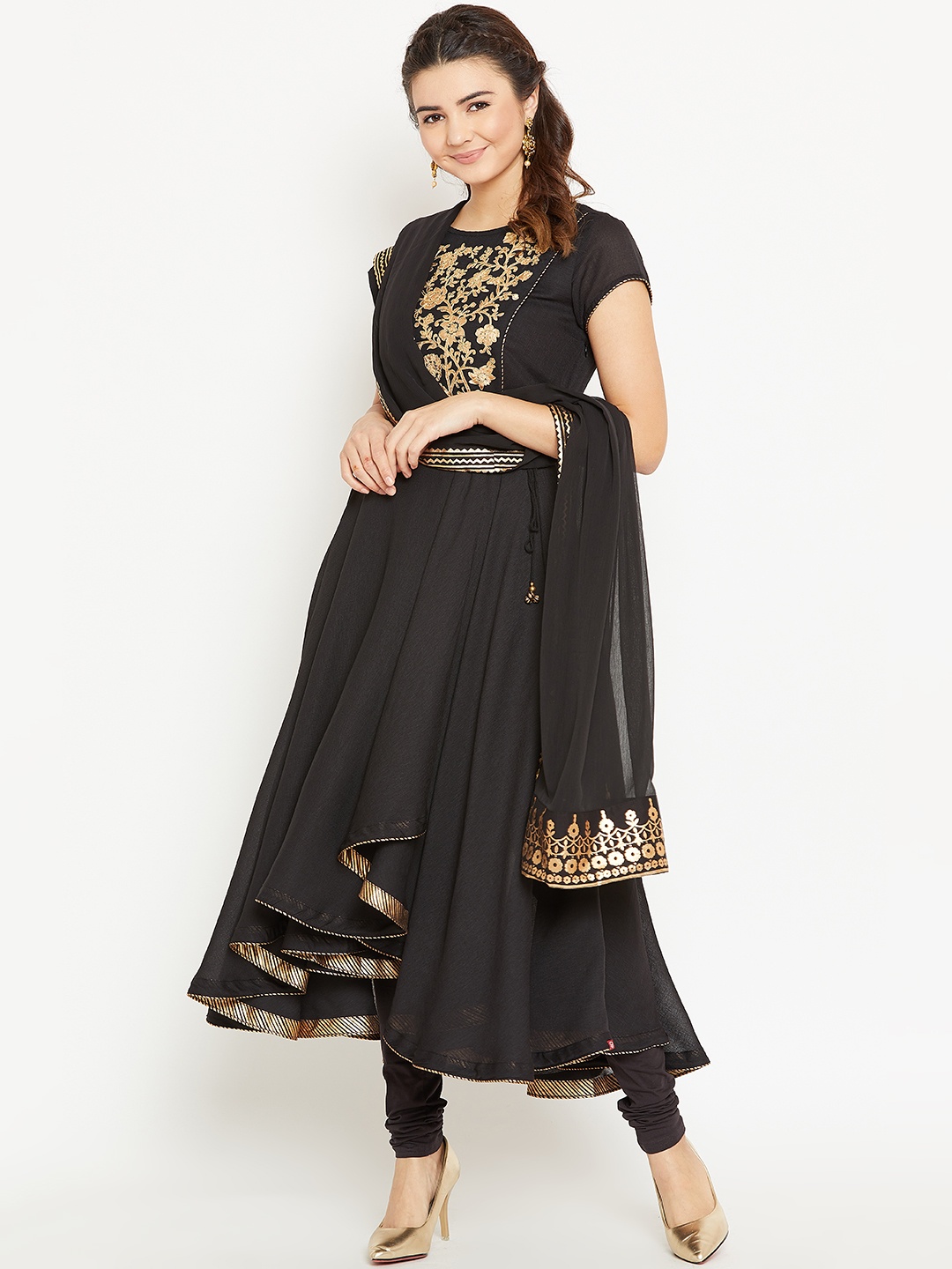 

Biba Women Black & Printed Kurta with Churidar & Dupatta