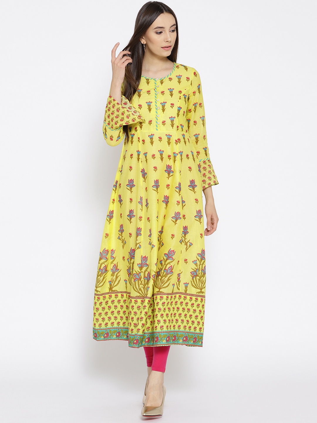 

Biba Women Lime Yellow & Pink Printed Anarkali Kurta