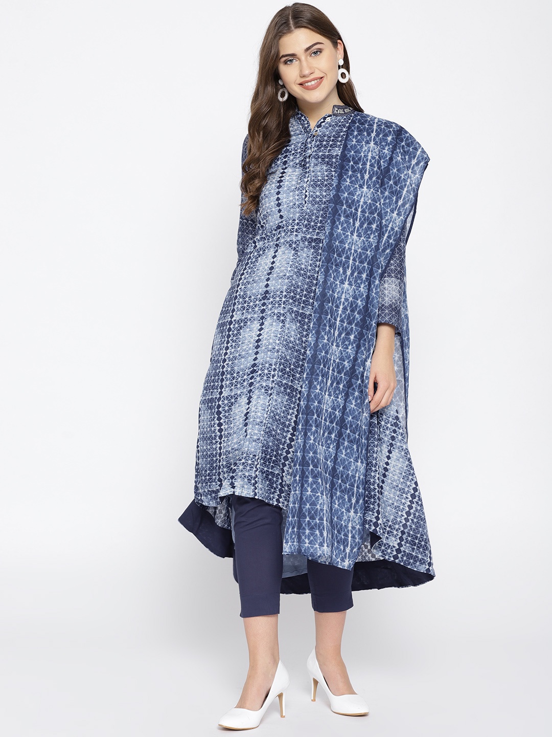 

Biba Women Navy Blue & White Printed Kurta with Trousers & Dupatta