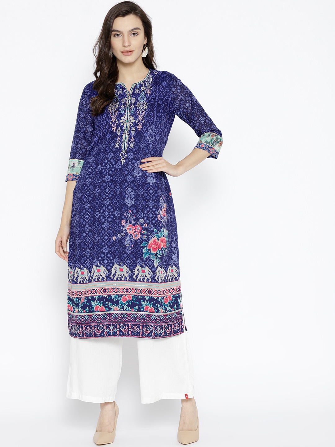 

Biba Women Blue Printed Straight Kurta