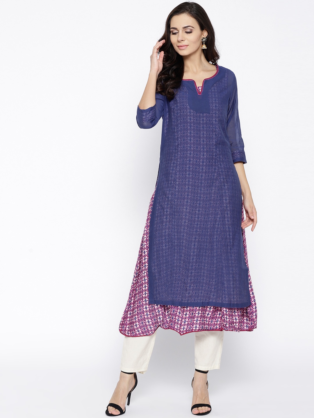 

Biba Women Navy Blue & Magenta Printed Layered A-Line Kurta
