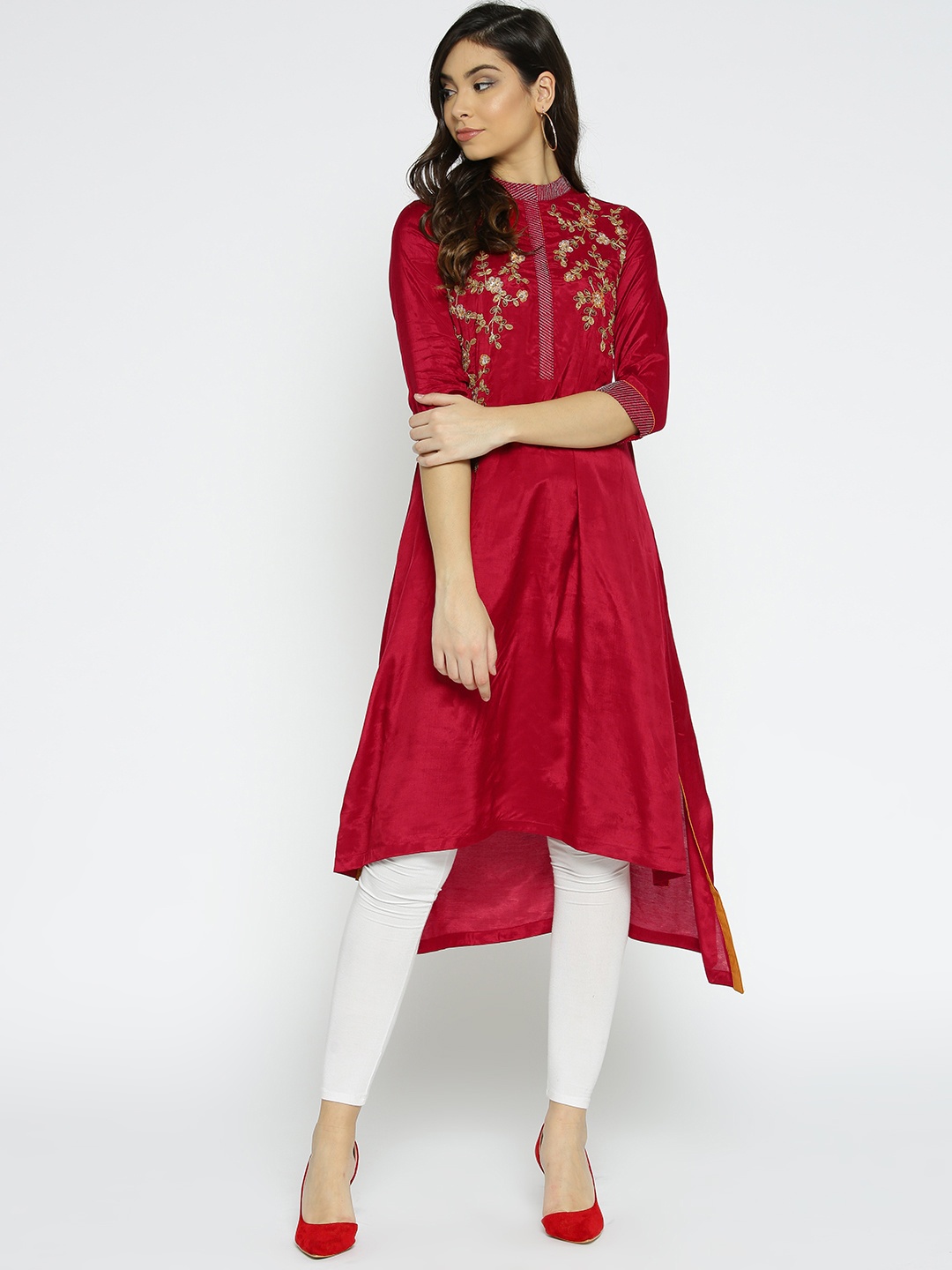 

Biba Women Red Embroidered A-Line Kurta