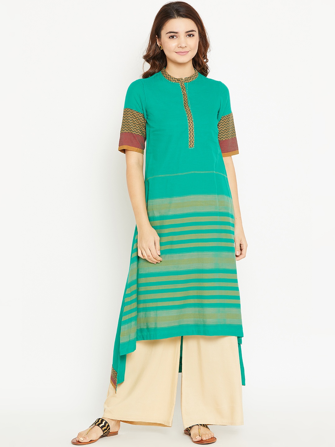 

Biba Women Green Striped A-Line Kurta