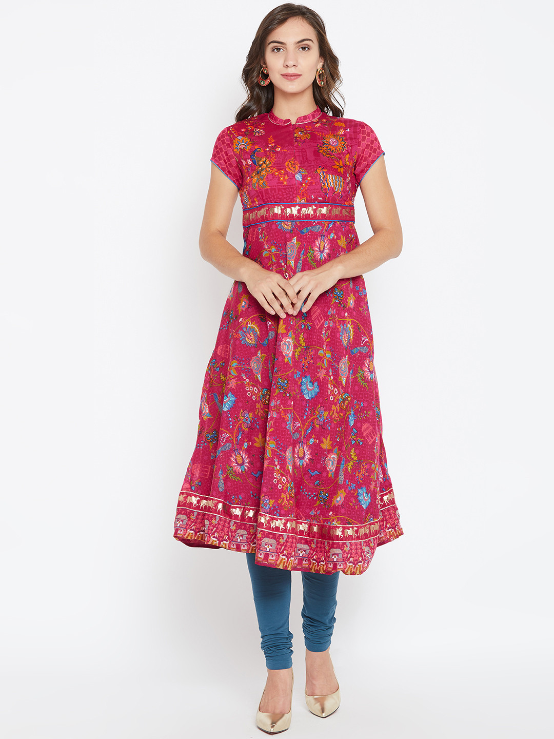 

Biba Women Magenta & Blue Printed A-Line Kurta