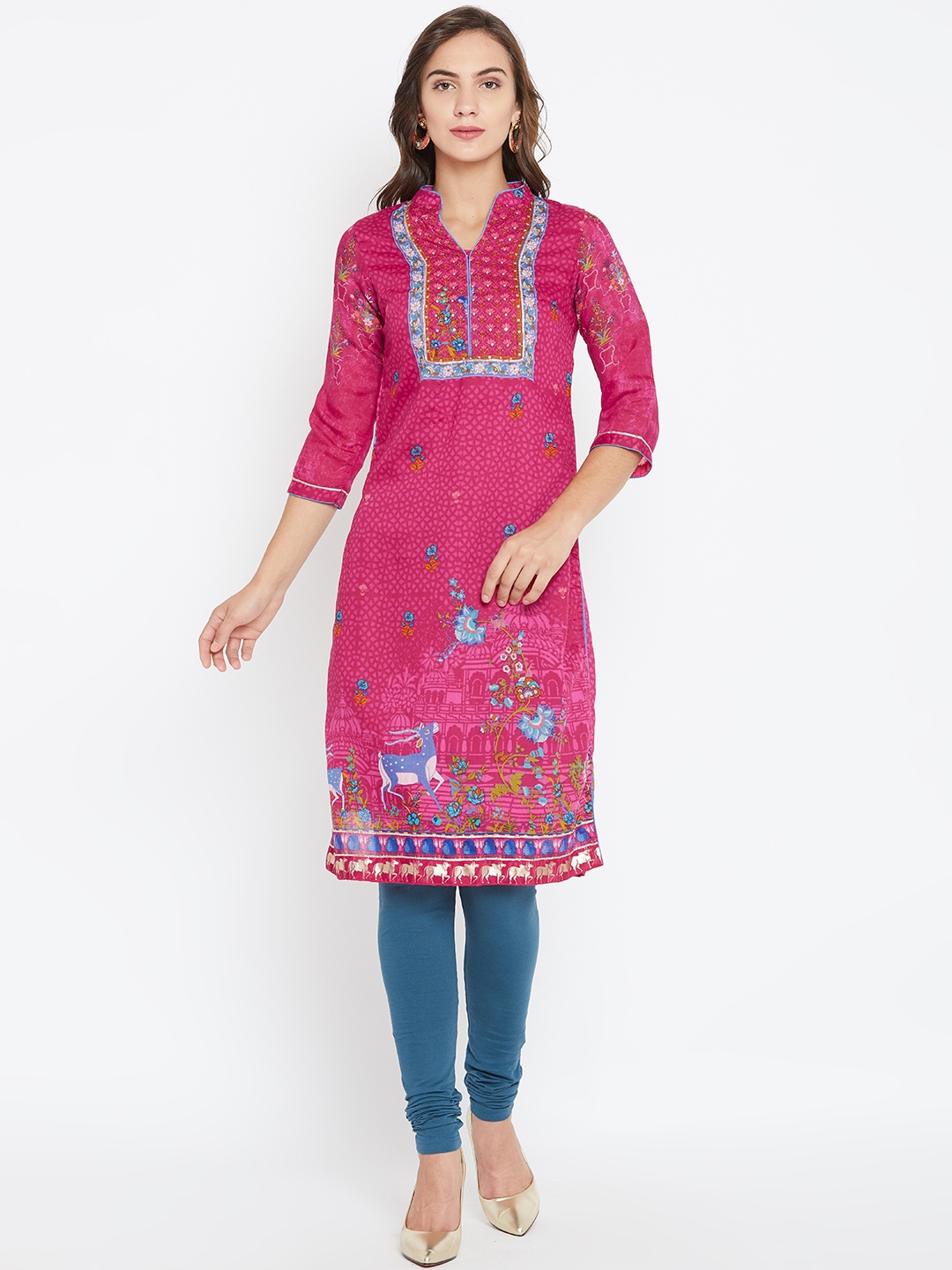 

Biba Women Magenta & Blue Printed Straight Kurta