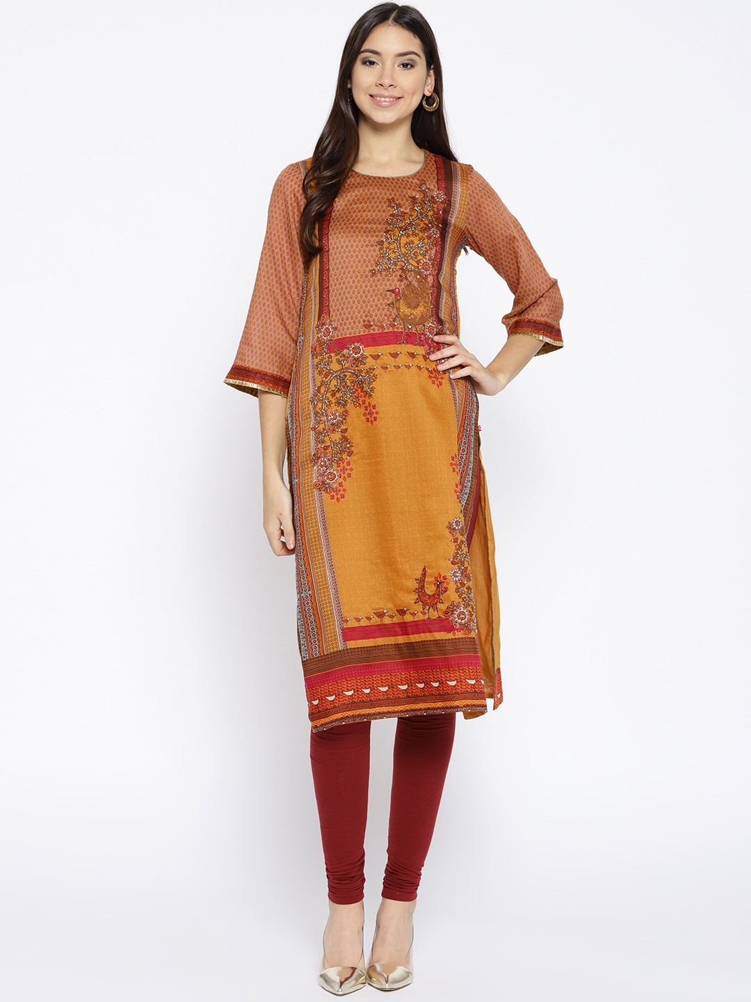

Biba Women Mustard Brown Printed Straight Kurta
