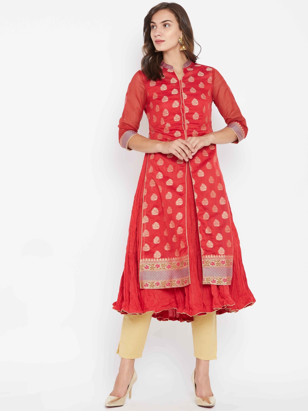 

Biba Women Red & Golden Woven Design Layered A-Line Kurta
