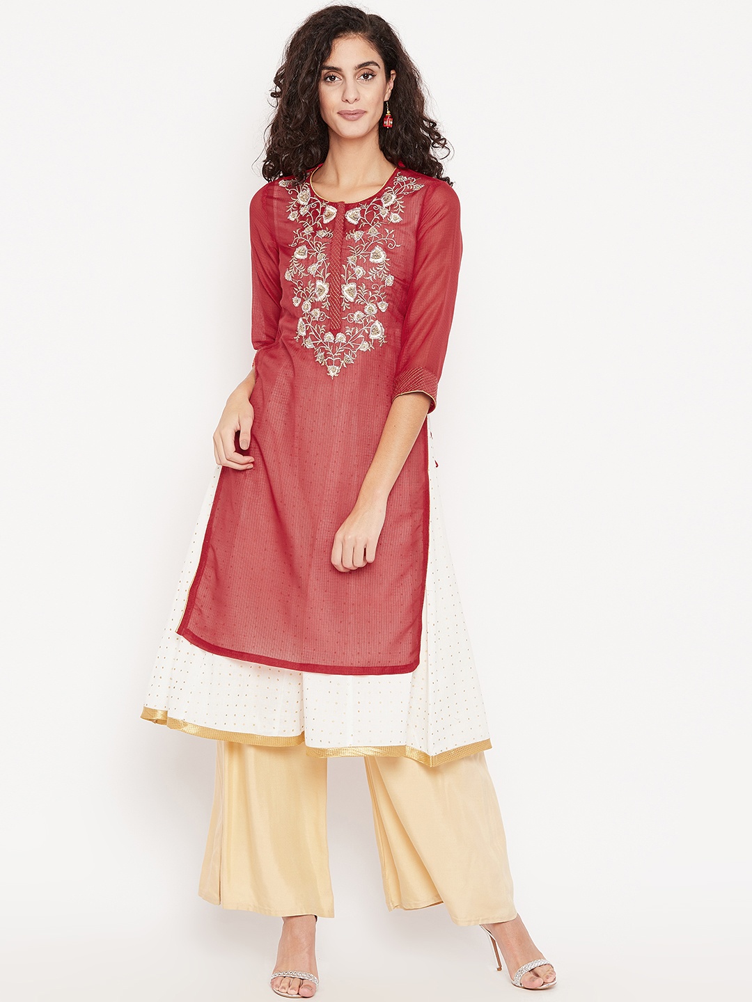 

Biba Women White & Red Layered Yoke Design A-Line Kurta