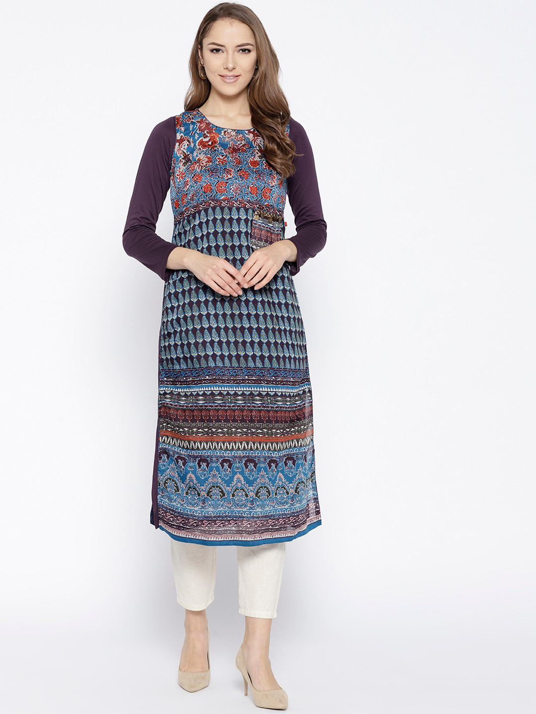 

Biba Women Purple & Teal Blue Printed Layered Straight Kurta