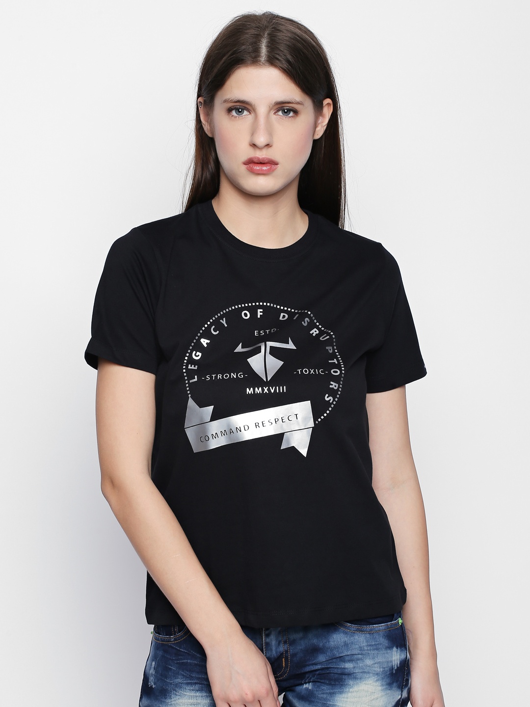 

Disrupt Women Black Printed Round Neck T-shirt
