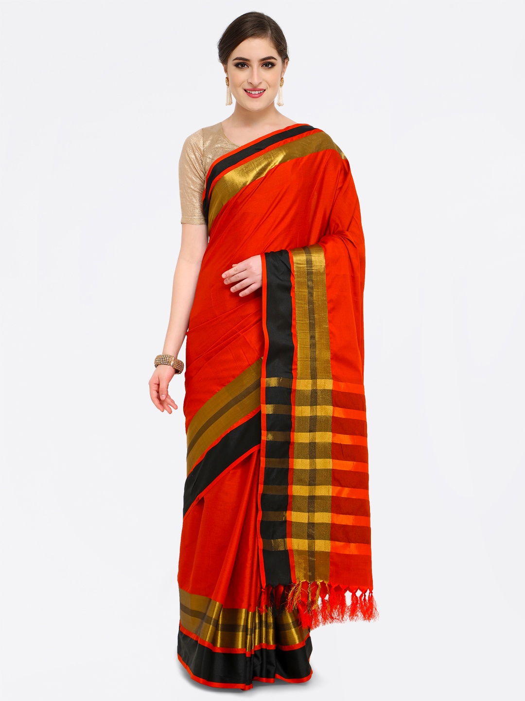 

Saree mall Red & Gold-Toned Silk Cotton Colourblocked Kanjeevaram Saree