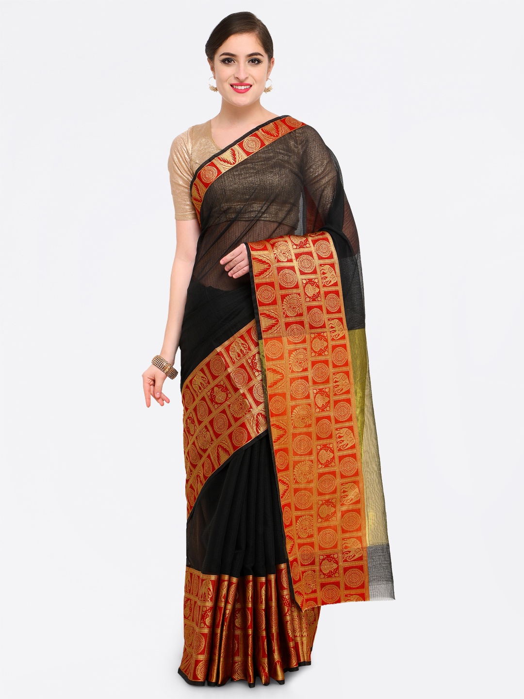 

Saree mall Black & Red Art Silk Woven Design Kanjeevaram Saree