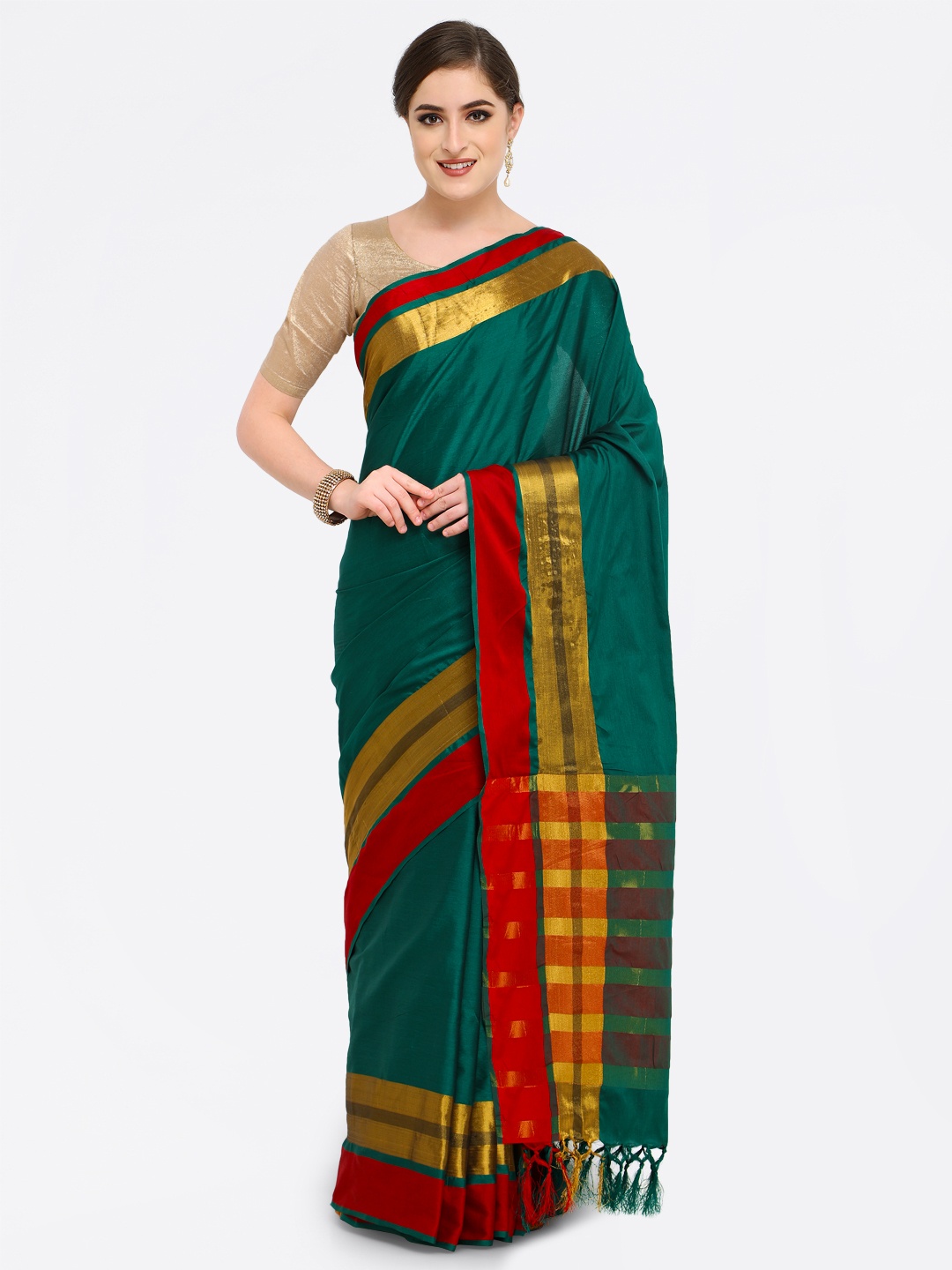 

Saree mall Green & Gold-Toned Silk Cotton Colourblocked Kanjeevaram Saree