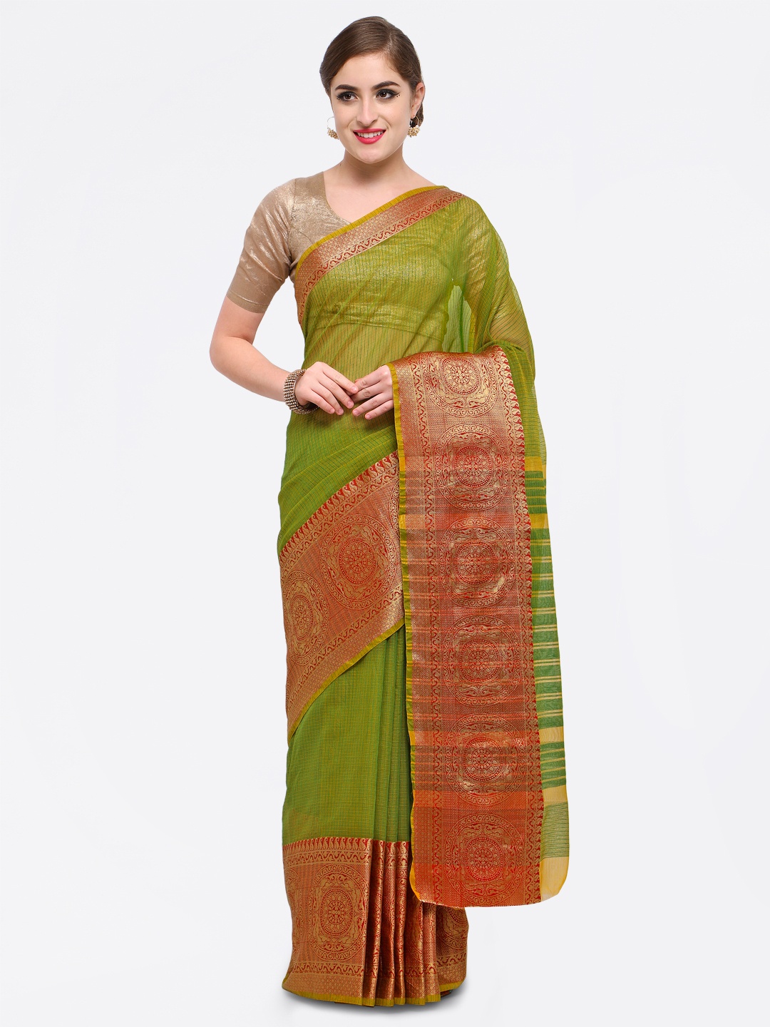 

Saree mall Green & Red Art Silk Woven Design Kanjeevaram Saree