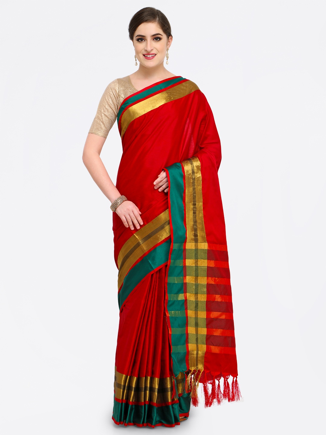 

Saree mall Red & Gold-Toned Silk Cotton Colourblocked Kanjeevaram Saree