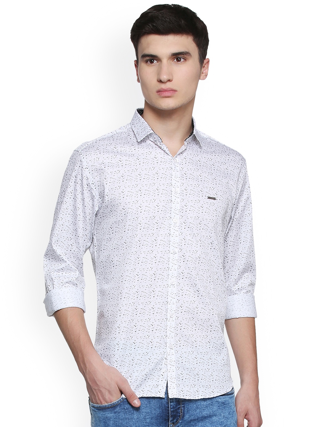 

V Dot Men White Slim Fit Printed Casual Shirt