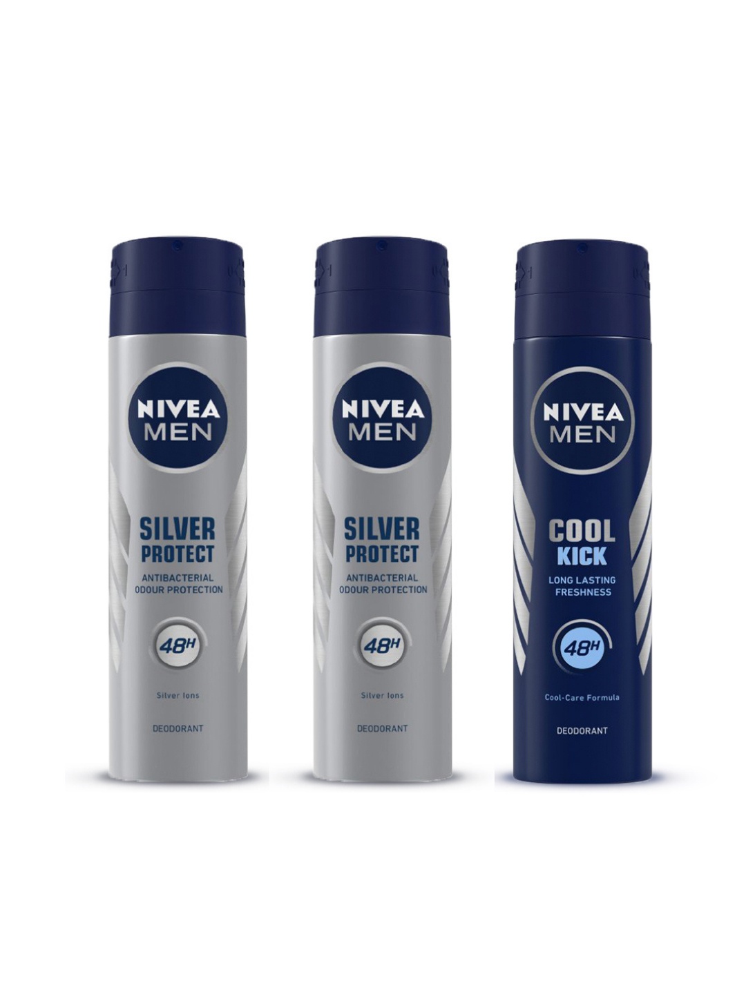 

Nivea Men Set of 2 Silver Protect Deodorants & 1 Cool Kick Deodorant 150 ml each, Blue