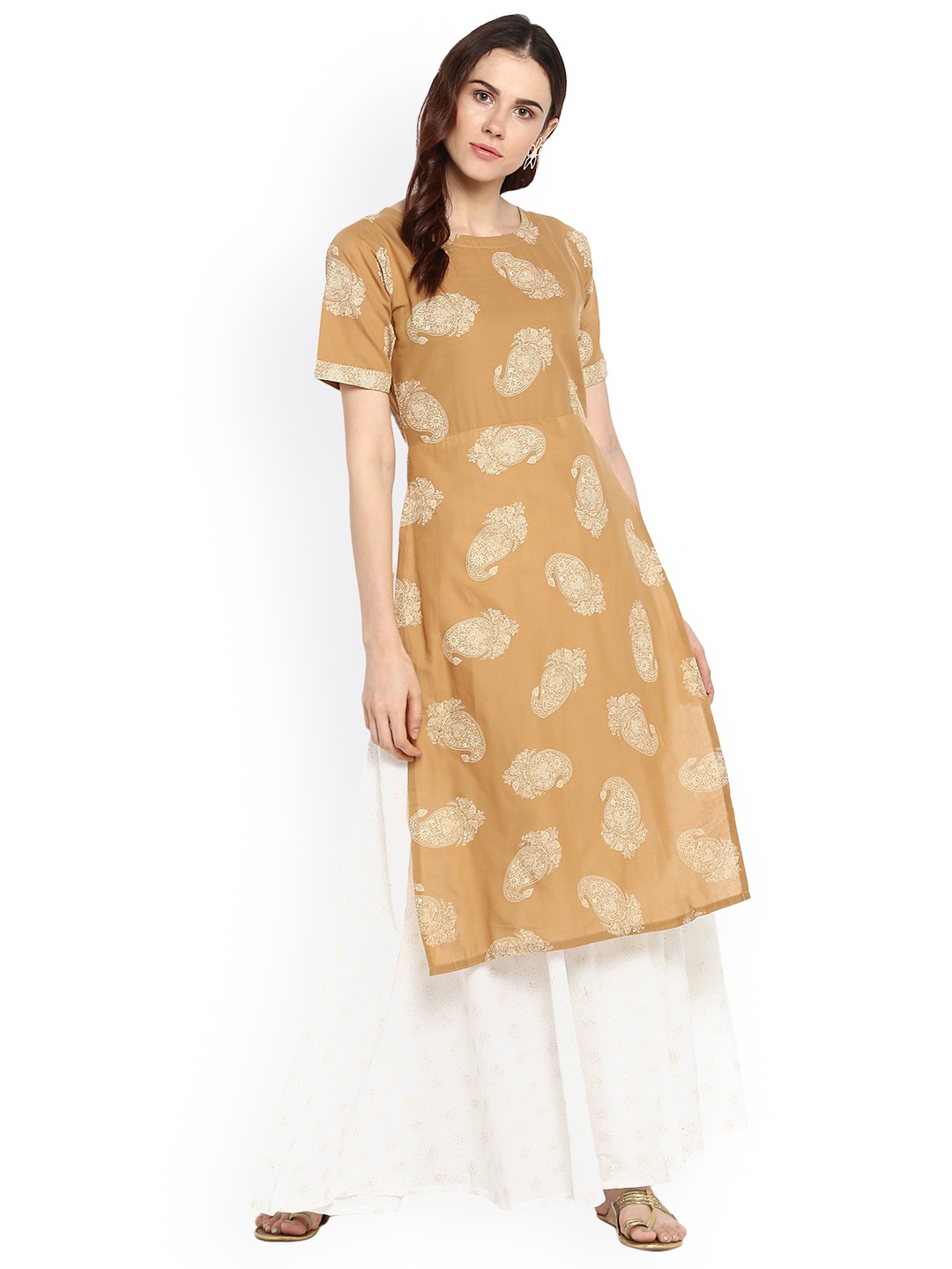 

Ahalyaa Women Mustard & Beige Printed Straight Kurta