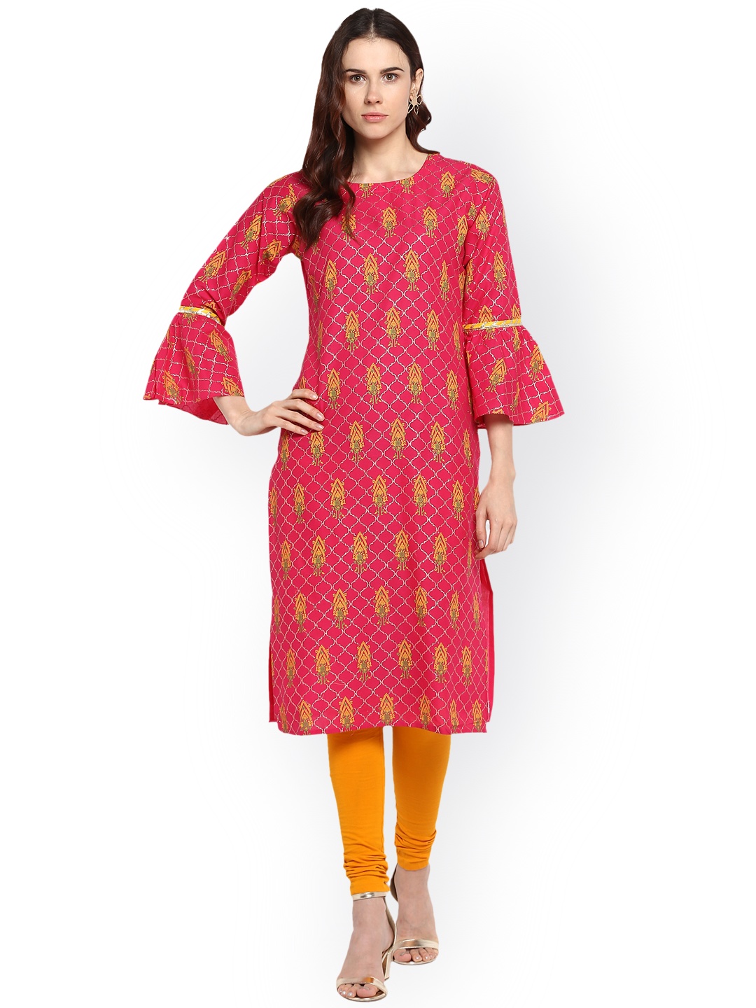 

Ahalyaa Women Pink & Yellow Printed Straight Kurta