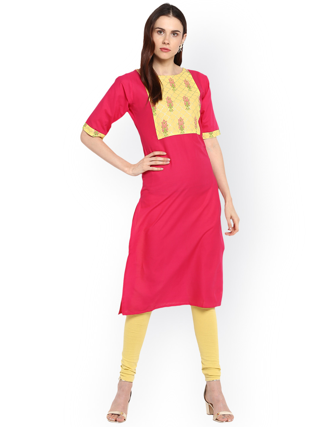 

Ahalyaa Women Pink & Yellow Yoke Design Straight Kurta