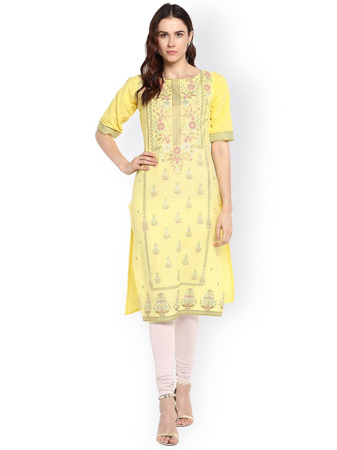 

Ahalyaa Women Yellow & Pink Printed Straight Kurta