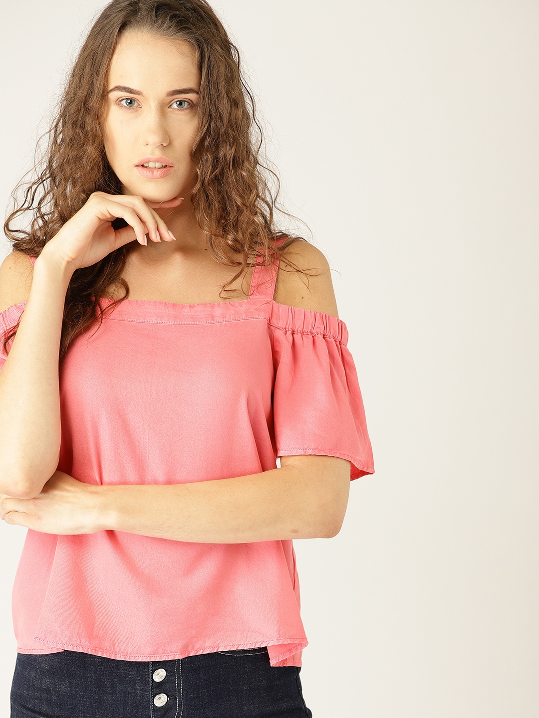 

ESPRIT Women Pink Solid Bardot Top