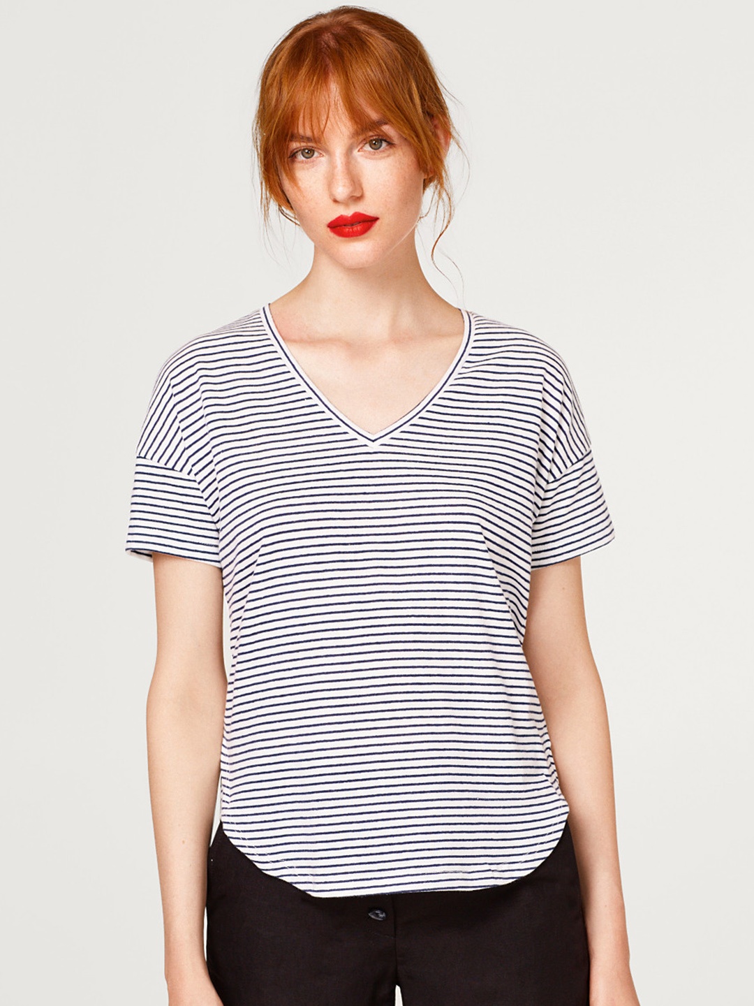 

ESPRIT Women White & Navy Blue Striped Boxy Top