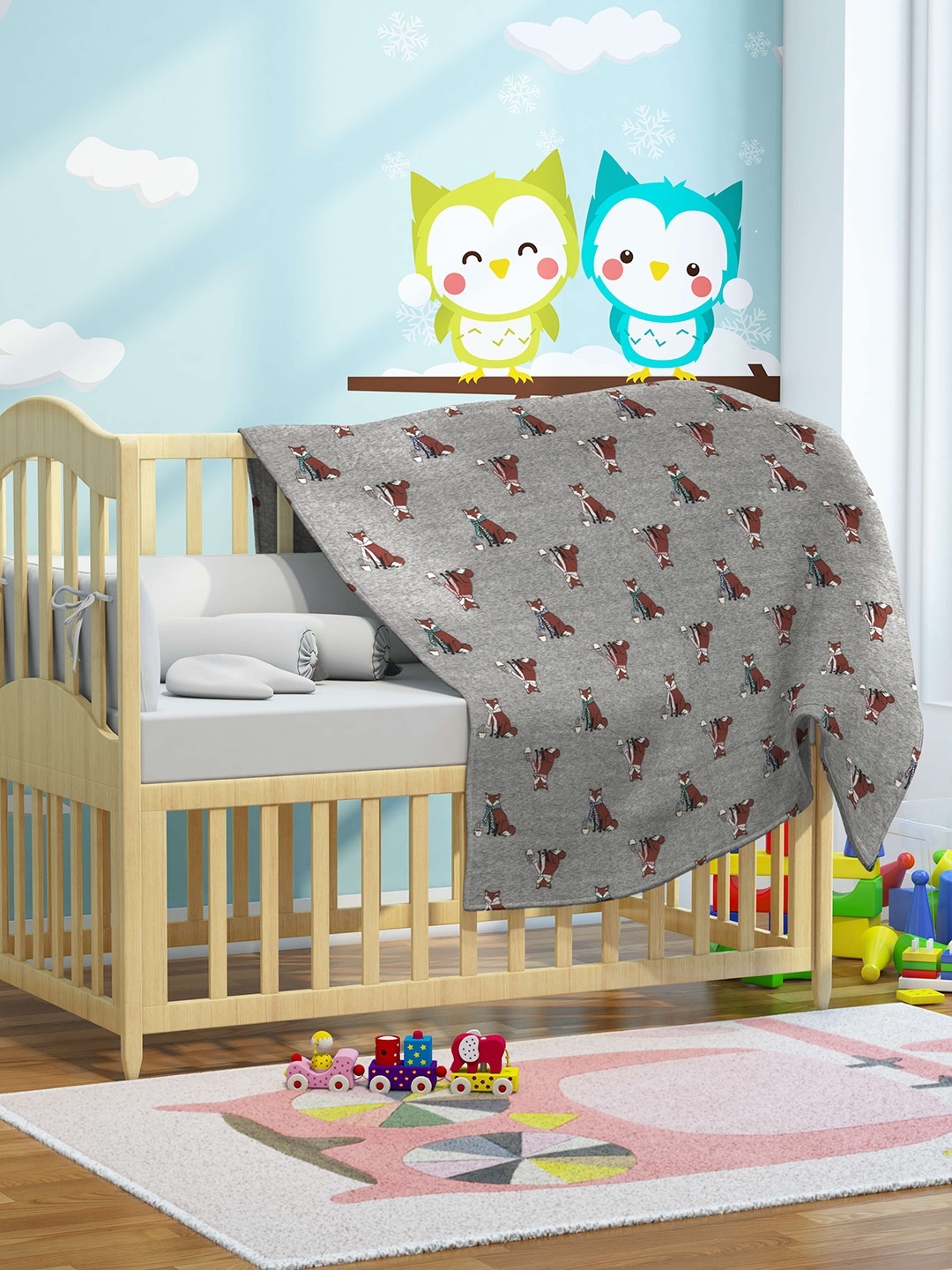 

THE BABY ATELIER Grey & Brown Cartoon Characters AC Room 350 GSM Single Bed Blanket