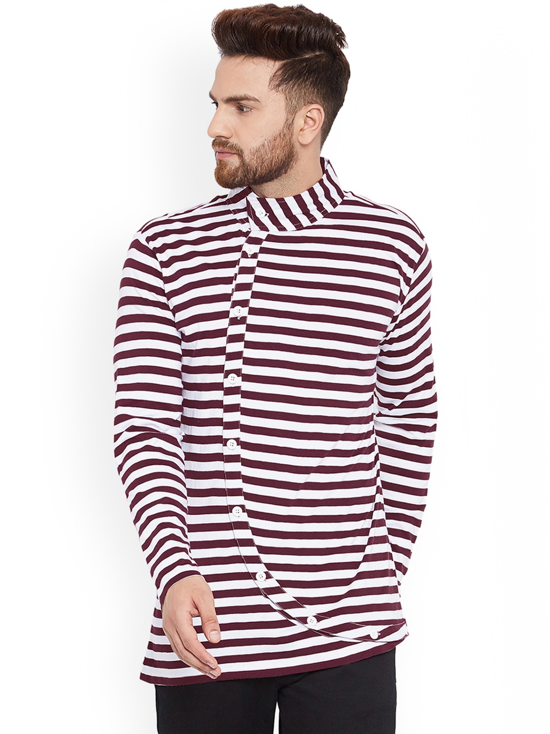 

CHILL WINSTON Men Maroon Striped High Neck T-shirt