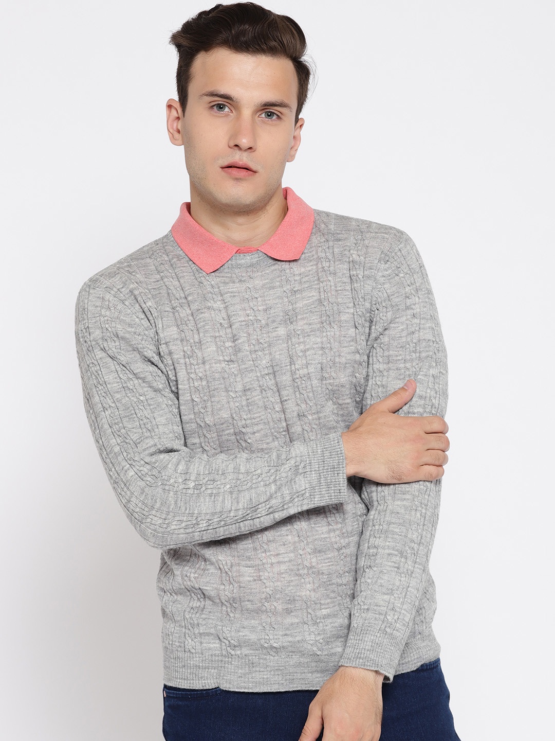 

John Players Men Grey Melange Self Design Pullover