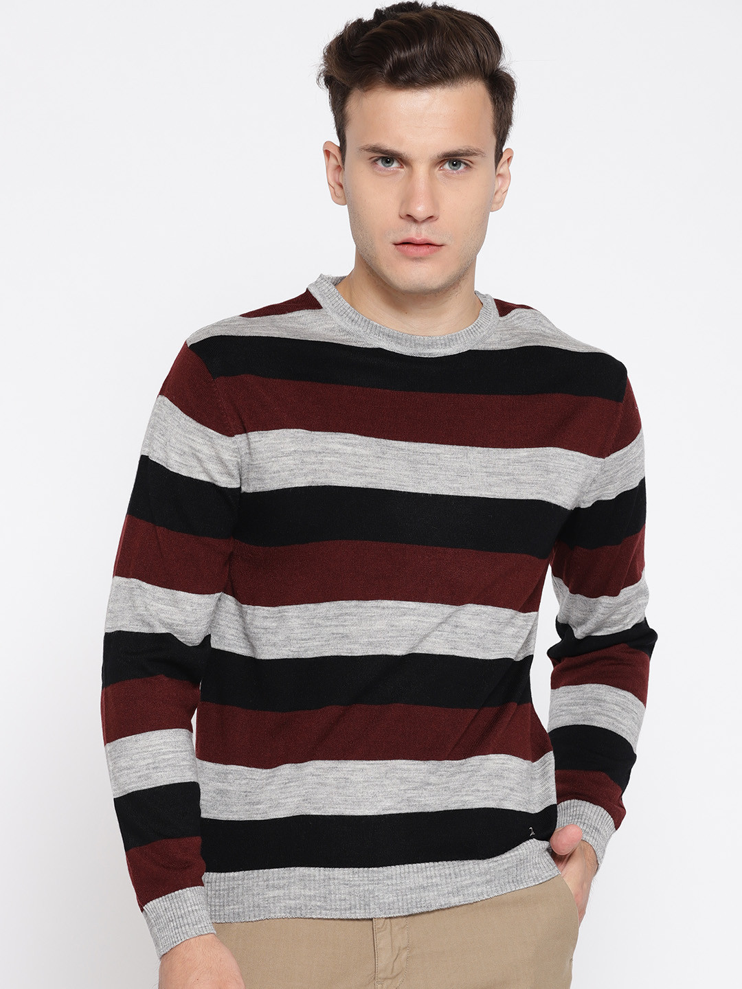 

John Players Men Burgundy & Grey Melange Striped Pullover