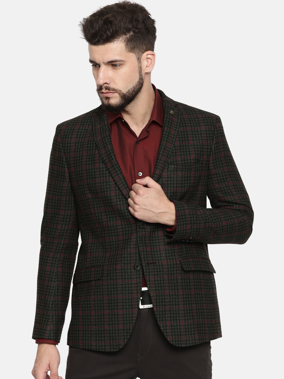 

Theme Charcoal Grey & Maroon Checked Single-Breasted Tailored Fit Smart Casual Blazer