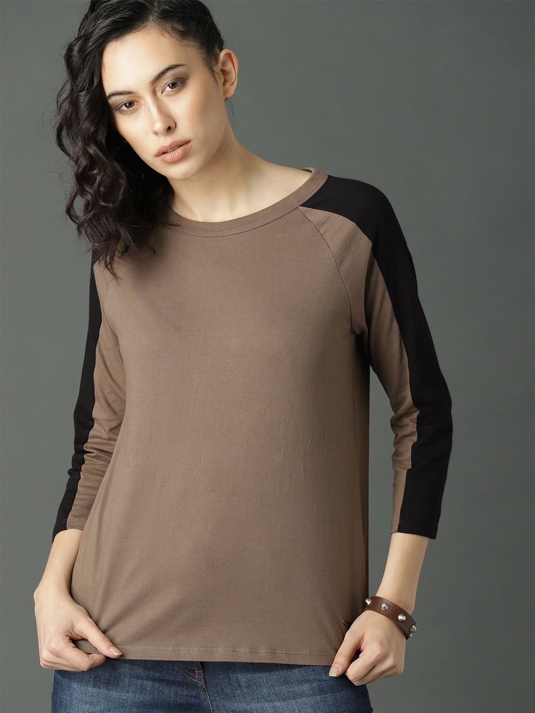 

Roadster Women Brown Colourblocked Relaxed Fit Cotton T-shirt