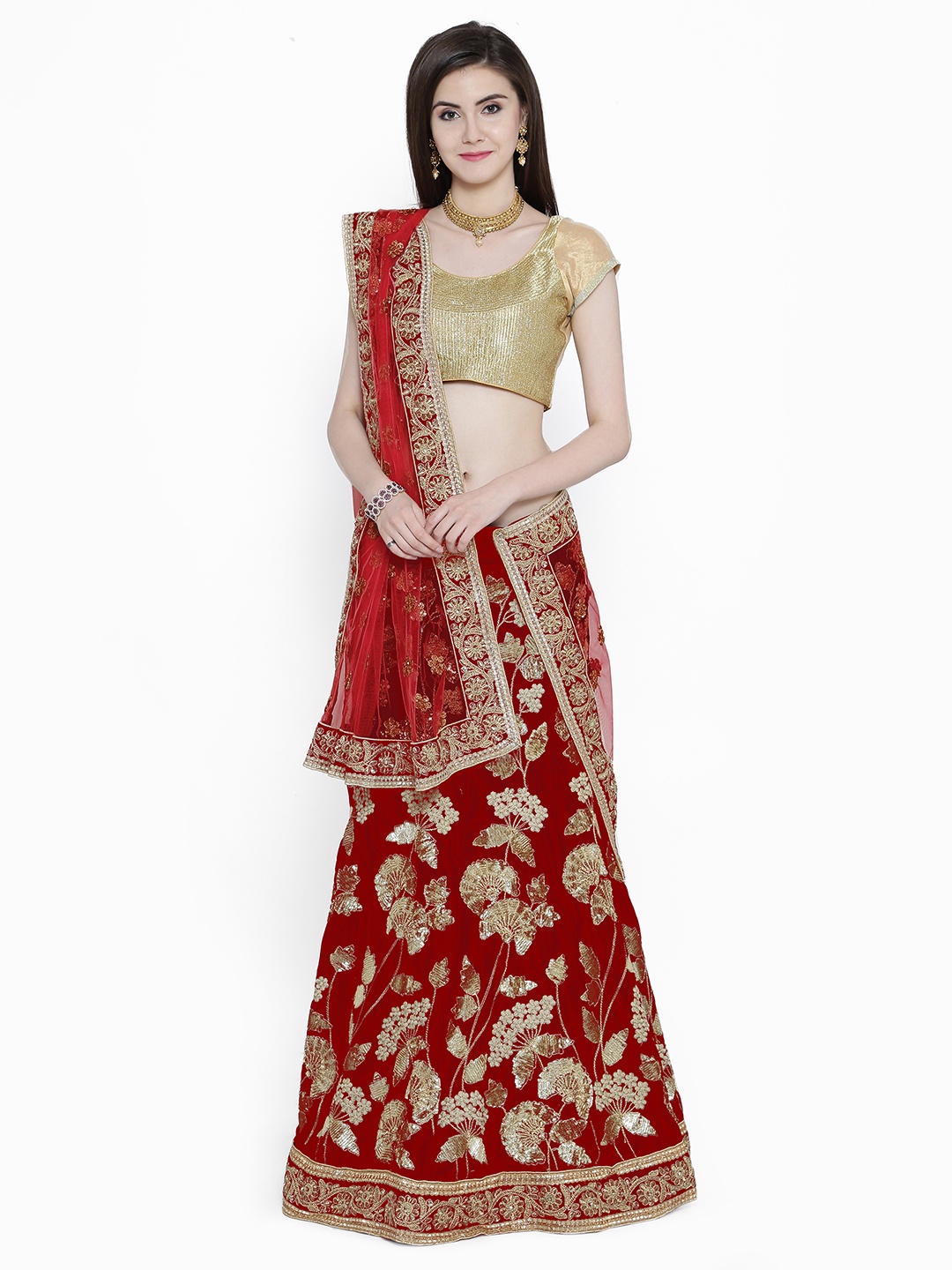 

Chhabra 555 Red & Gold-Toned Embellished Semi-Stitched Lehenga & Unstitched Blouse with Dupatta