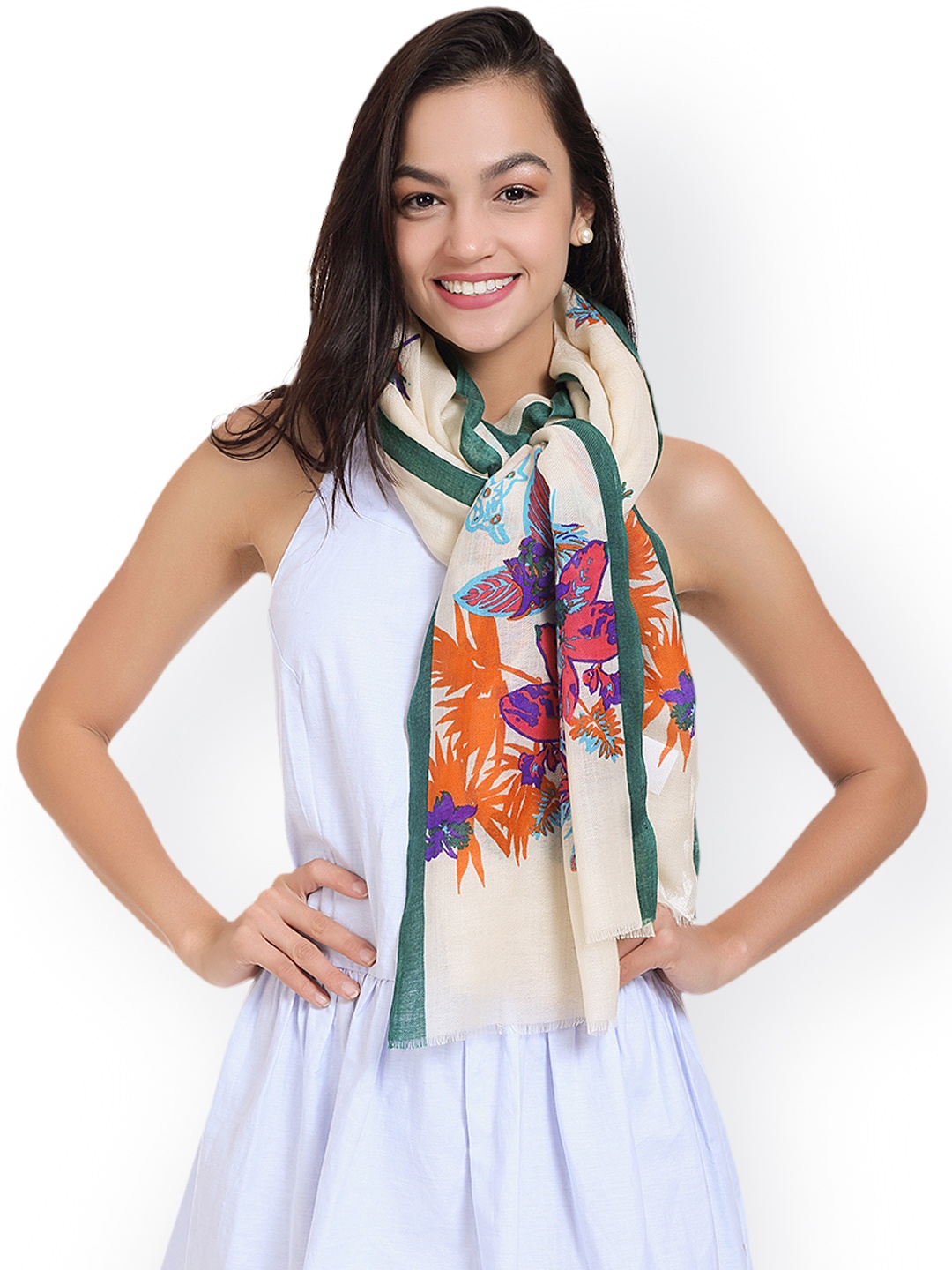 

SHINGORA Women Off-White & Green Printed Woollen Stole